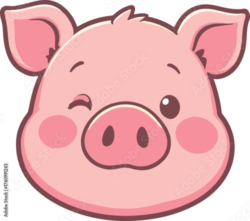 Cute pink pig face winking with rosy cheeks, charming cartoon mascot vector illustration