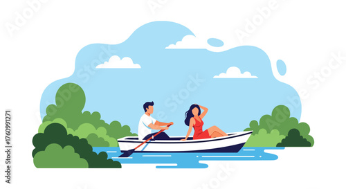 A calm flat vector showing romantic couple rowing boat on serene lake surrounded by trees, peaceful outdoor love and leisure theme