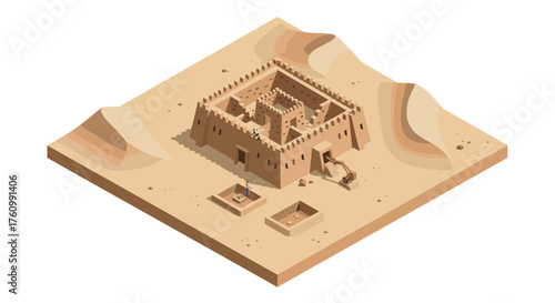 Ancient desert fort isometric art - medieval middle eastern fortress in sandy landscape