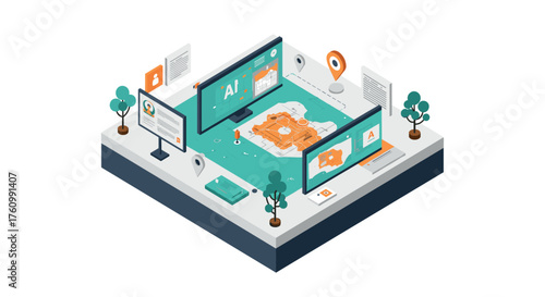 Isometric ai development in high-tech digital workspace