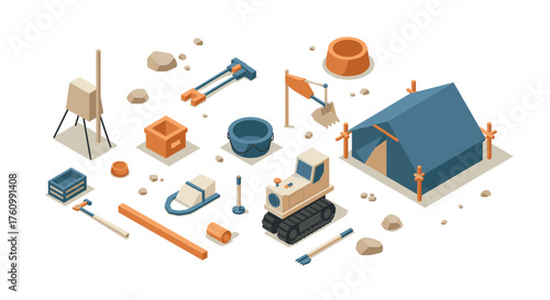 Isometric camping and construction elements with machinery and equipment