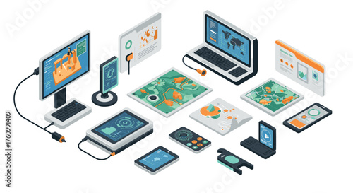 Isometric technology devices and data analytics display in modern digital workspace