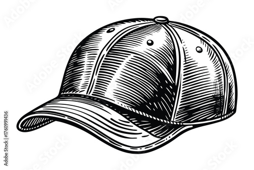 Elegant black-and-white line-drawn baseball cap illustration featuring mesh back and curved brim, exuding classic sportswear style for branding or editorial use.