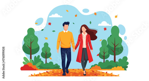 A flat vector of a romantic couple strolling in an autumn park under colorful falling leaves, cozy and warm love moment