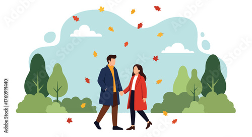 A flat vector of a romantic couple strolling in an autumn park under colorful falling leaves, cozy and warm love moment