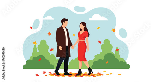 A flat vector of a romantic couple strolling in an autumn park under colorful falling leaves, cozy and warm love moment