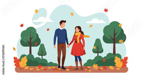 A flat vector of a romantic couple strolling in an autumn park under colorful falling leaves, cozy and warm love moment