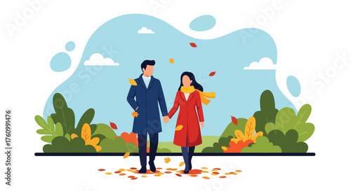 A flat vector of a romantic couple strolling in an autumn park under colorful falling leaves, cozy and warm love moment