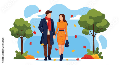 A flat vector of a romantic couple strolling in an autumn park under colorful falling leaves, cozy and warm love moment