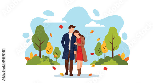 A flat vector of a romantic couple strolling in an autumn park under colorful falling leaves, cozy and warm love moment