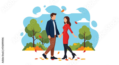 A flat vector of a romantic couple strolling in an autumn park under colorful falling leaves, cozy and warm love moment