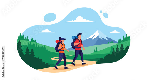 A flat style vector of couple hiking together on mountain path surrounded by green hills and clear blue sky, outdoor adventure theme