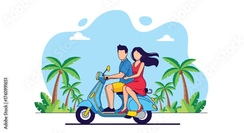 A lively flat vector of romantic couple riding scooter through palm-lined tropical road, representing freedom and summer love