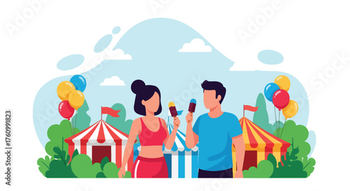 A joyful flat vector of romantic couple sharing ice cream at lively summer fair with colorful balloons, symbolizing happiness and love