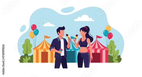 A joyful flat vector of romantic couple sharing ice cream at lively summer fair with colorful balloons, symbolizing happiness and love