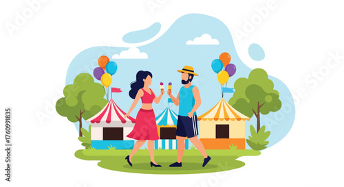 A joyful flat vector of romantic couple sharing ice cream at lively summer fair with colorful balloons, symbolizing happiness and love