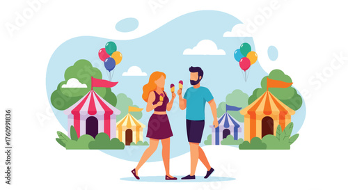 A joyful flat vector of romantic couple sharing ice cream at lively summer fair with colorful balloons, symbolizing happiness and love