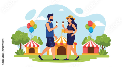A joyful flat vector of romantic couple sharing ice cream at lively summer fair with colorful balloons, symbolizing happiness and love