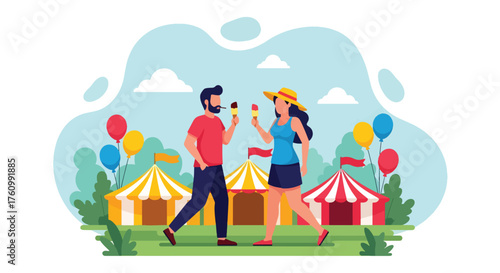 A joyful flat vector of romantic couple sharing ice cream at lively summer fair with colorful balloons, symbolizing happiness and love