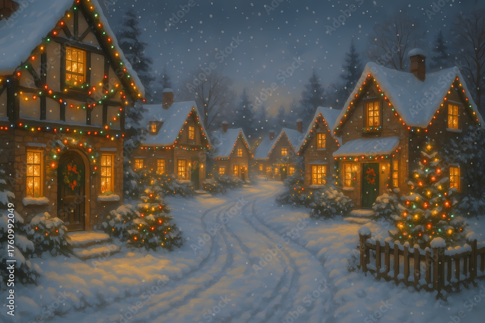 Fototapeta premium Snowy Village with Christmas Lights and Festive Decorations