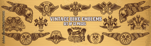 Set of Vintage Motorcycle and Garage Repair Logos and Emblems. 13 Vector Engraving Emblems
