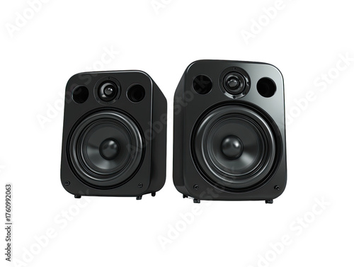 Two black, square audio speakers.  Front view.  Glossy finish.  Visible speaker cones