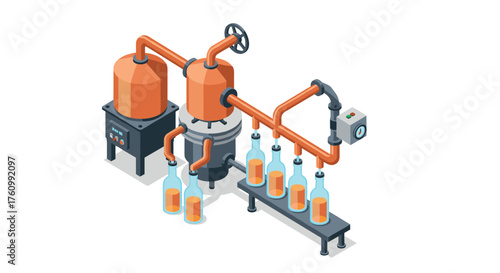 Isometric brewery equipment with distiller and bottling line on white background