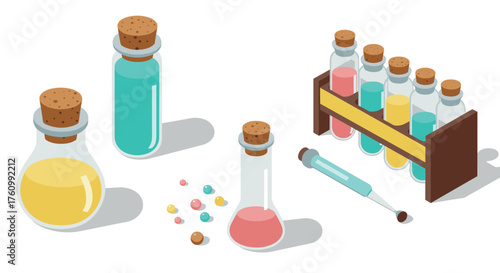 Colorful laboratory equipment isometric design with test tubes and flasks