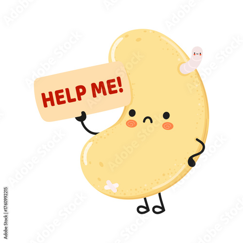 Cashew nut character asking for help with worm