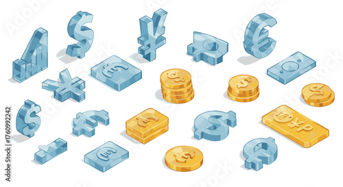 Shiny 3d currency symbols and coins collection in glossy metallic style