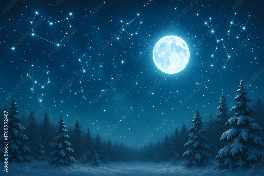 Fototapeta premium Magical Starry Night with Full Moon and Constellations Over Snowy Forest
