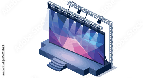 Modern isometric stage with geometric background and lighting setup