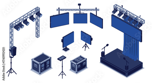 Isometric stage setup with lighting and led screens for events and presentations