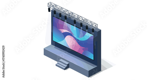 Isometric concert stage with colorful abstract led screen and lights
