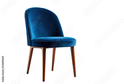 Deep blue velvet dining chair with light brown legs
