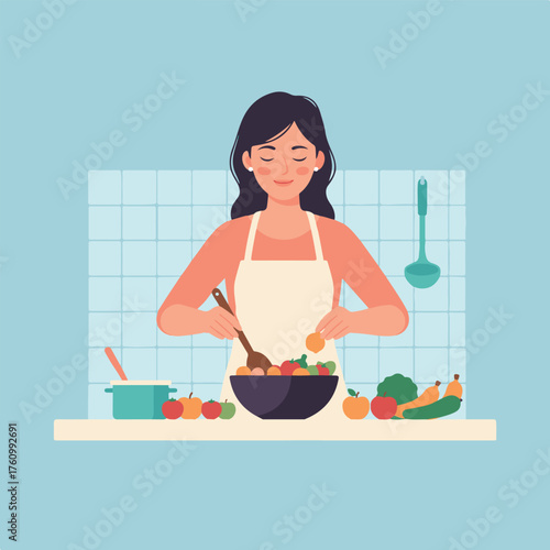 Woman happily preparing a fresh salad, modern flat style vector illustration