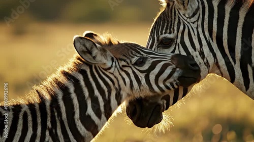 Zebra mother and foal in warm sunlight outdoors