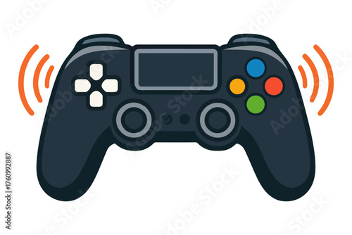 A black controller with orange buttons and a white background. The controller is in the middle of a game and is being played by a person. Vector.
