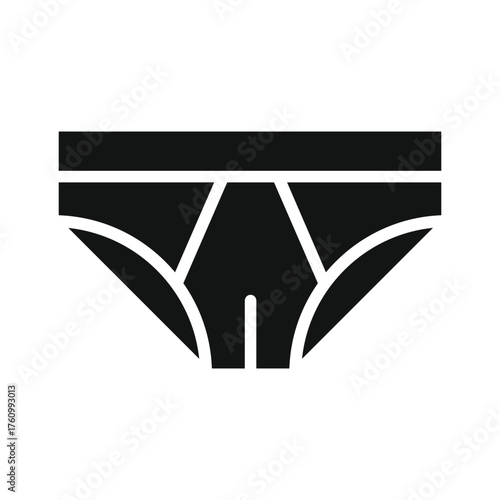 Simple black silhouette icon of men s briefs underwear with white outline detail on waistband and leg openings