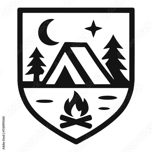 A black and white image of a campsite with a tent and a fire. Concept of adventure and the outdoors. Vector.