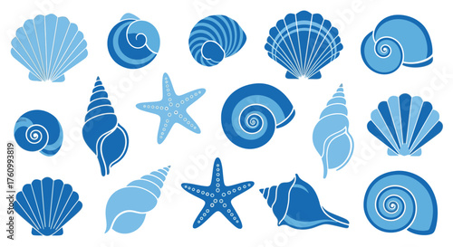 A collection of blue seashells and starfish are arranged on a white surface in this simple scene.