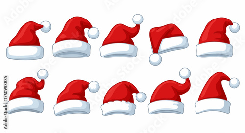 A group of red Santa Claus hats with white trim are arranged in a festive holiday display.