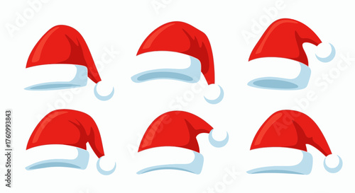 A set of Santa Claus hats are depicted in various angles, perfect for holiday season projects and.