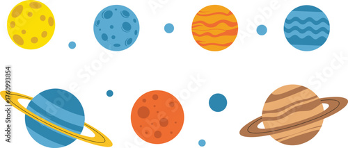 colorful cartoon illustration of solar system planets and bright sun, playful outer space design with rings, stars, and cosmic elements