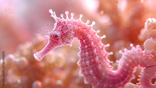A delicate, translucent pink seahorse drifts dreamily among soft, sun-dappled coral in a warm ocean light