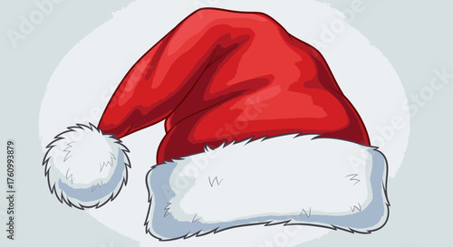 A festive Santa Claus hat with a fluffy white trim and pompom sits against a soft, neutral backdrop,.