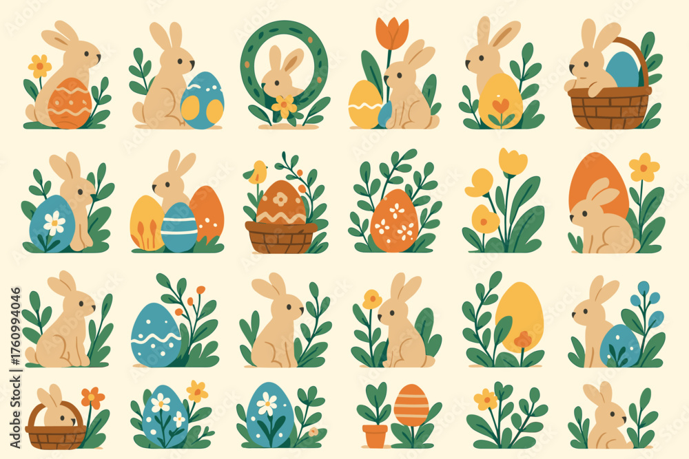 Obraz premium A set of cute kawaii Easter bunnies in pastel colors (white, pink, yellow, green, purple). Each bunny is depicted in different poses with Easter attributes.