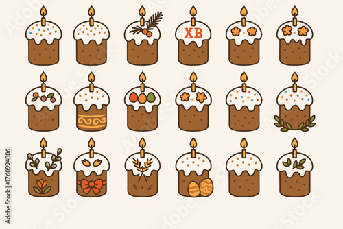 A set of cute icons of Easter cakes (Easter kulich) in pastel colors. Each kulich is decorated with candles, berries, stars,” decorative elements, twigs, and bows.