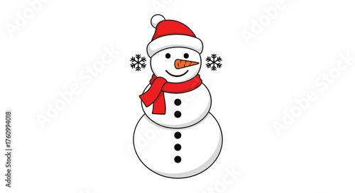 A cheerful snowman with a red hat and scarf stands ready to celebrate the winter season and bring.