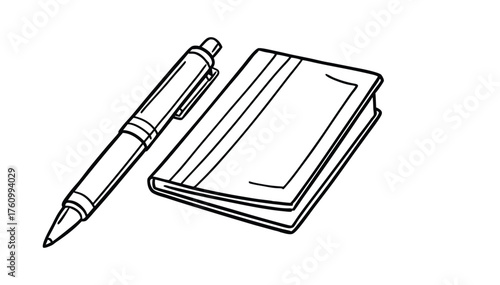 Notebook and Pen Line Art Illustration – Office Stationery Outline Drawing on White Background